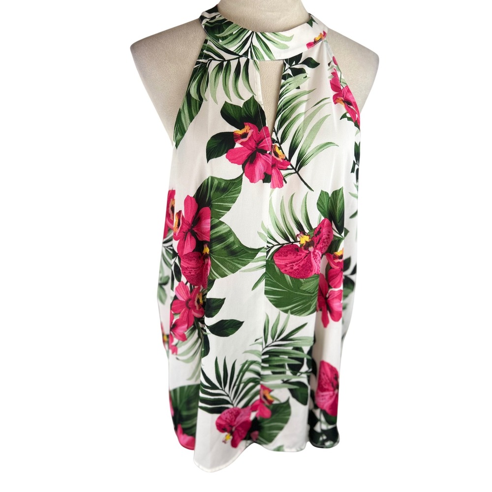London Times Blouse Halter Keyhole Tropical Floral White Pink Womens XL Hibiscus